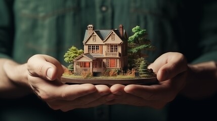 A small house held in a human hand, representing the concepts of a new home, business, investment, and real estate.