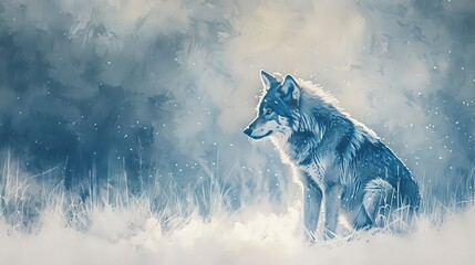 Lone wolf in snowfall, oil painting effect, soft twilight, pristine white, silent vigil.