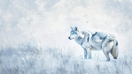 Lone wolf in snowfall, oil painting effect, soft twilight, pristine white, silent vigil. 