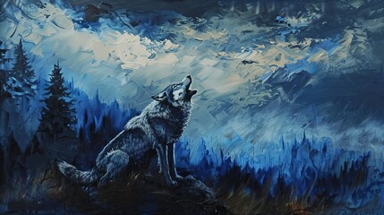Alpha wolf howling, oil paint style, dusk light, commanding presence, deep blues, powerful aura. 