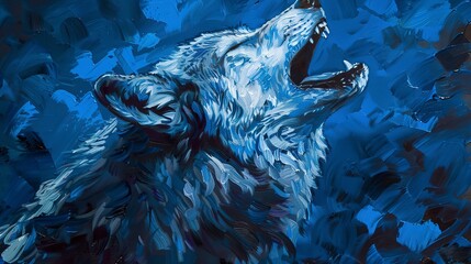 Alpha wolf howling, oil paint style, dusk light, commanding presence, deep blues, powerful aura. - obrazy, fototapety, plakaty