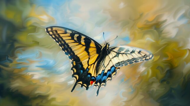 Swallowtail butterfly in flight, dynamic oil painting style, blurred motion, bright sky, graceful. 