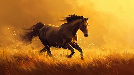 Majestic stallion in golden field, oil painting effect, sunset glow, vibrant golds, powerful stance. - obrazy, fototapety, plakaty