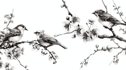 An ink and pencil black and white illustration of bird - obrazy, fototapety, plakaty