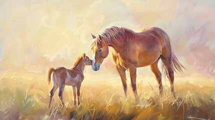 Graceful mare and foal, oil paint style, soft dawn light, tender moment, pastel hues, serene. - obrazy, fototapety, plakaty
