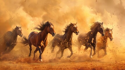 Charging wild horses, dynamic oil painting look, dust clouds, intense motion, vivid earth tones. 