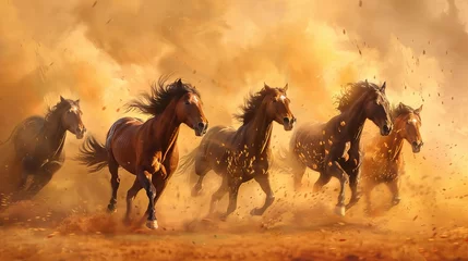 Foto op Plexiglas Charging wild horses, dynamic oil painting look, dust clouds, intense motion, vivid earth tones.  © Thanthara