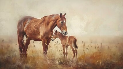 Graceful mare and foal, oil paint style, soft dawn light, tender moment, pastel hues, serene.