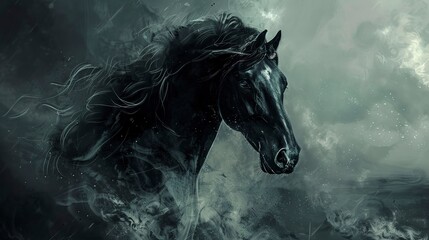 Noble black horse, classic oil painting technique, stormy backdrop, dramatic contrast, fierce eyes.  - obrazy, fototapety, plakaty