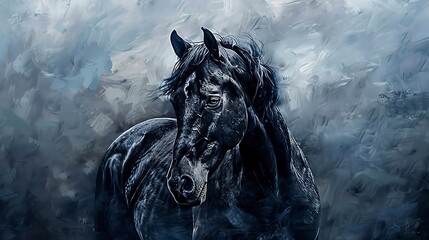 Obraz na płótnie Canvas Noble black horse, classic oil painting technique, stormy backdrop, dramatic contrast, fierce eyes. 