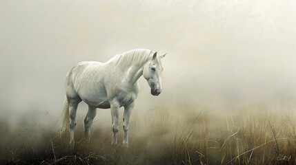 Obraz na płótnie Canvas Solitary white horse, oil painting style, misty morning, ethereal beauty, soft whites, peaceful solitude. 