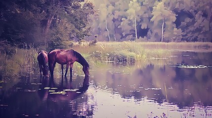 Horses by the lake at dusk, oil paint effect, tranquil water, reflective calm, twilight purples. 