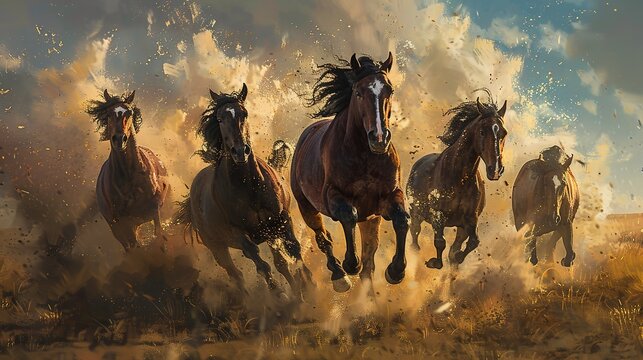 Charging wild horses, dynamic oil painting look, dust clouds, intense motion, vivid earth tones. 