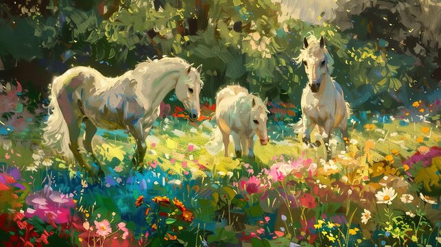 Playful ponies in spring, oil paint effect, lush meadow, bright flowers, joyful exploration, colorful. 