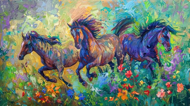 Playful ponies in spring, oil paint effect, lush meadow, bright flowers, joyful exploration, colorful.