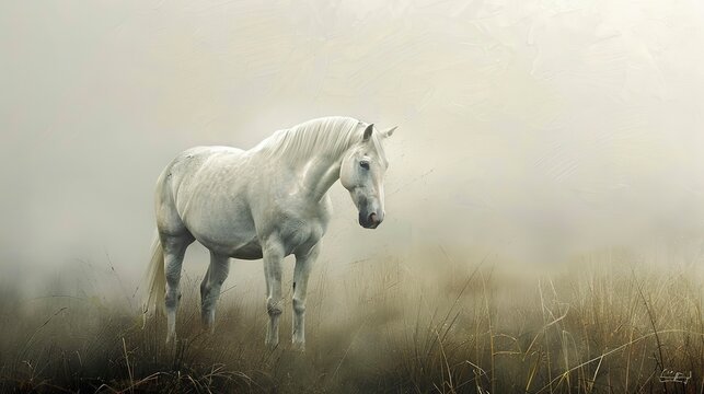 Solitary white horse, oil painting style, misty morning, ethereal beauty, soft whites, peaceful solitude. 