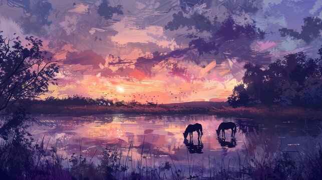 Horses by the lake at dusk, oil paint effect, tranquil water, reflective calm, twilight purples.