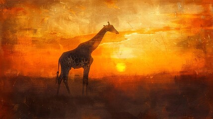 Silhouette of giraffe at sunrise, oil paint effect, horizon ablaze, slender form, serene start, soft oranges. 