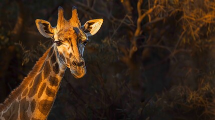 Obraz premium Elder giraffe, classic oil painting look, wise eyes, setting sun, deep shadows, timeless grace. 