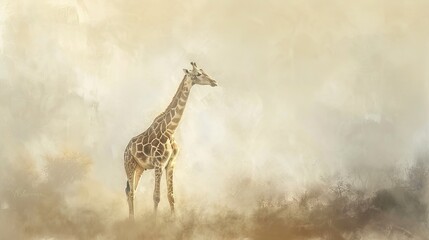 Giraffe in misty morning, oil painting effect, ethereal light, soft focus, dreamy ambiance, muted tones. 