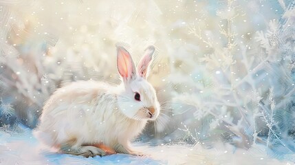 Fluffy white rabbit in snow, oil painting effect, soft light, pristine white, gentle curiosity. 
