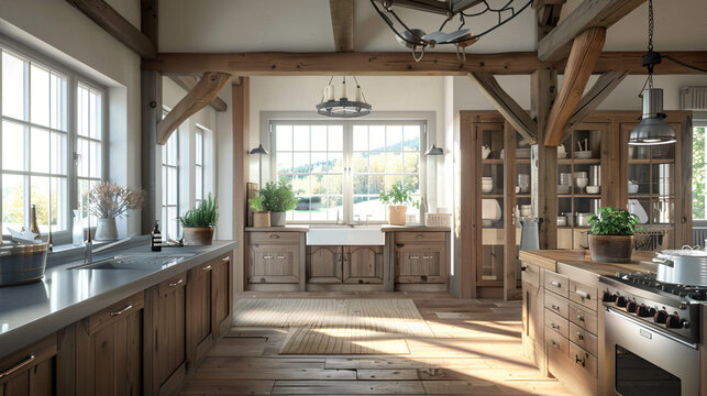 Rustic Farmhouse Kitchen: Exposed Wooden Beams and Farmhouse Sink
