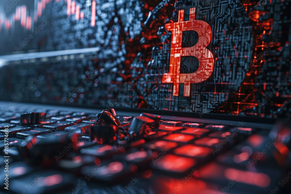 Poster digital currency concept closeup of physical golden bitcoin coin on dark background with copy space