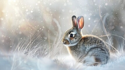 Rabbit in winter wonderland, oil paint effect, gentle snowfall, magical ambiance, crisp whites.