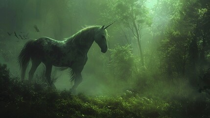 Majestic unicorn in mystical forest, oil painting effect, ethereal glow, vibrant greens, magical aura.  - obrazy, fototapety, plakaty