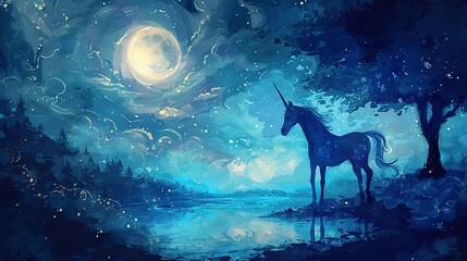 Unicorn under moonlit sky, oil paint style, silver beams, mystical silhouette, tranquil blues, serene night. - obrazy, fototapety, plakaty