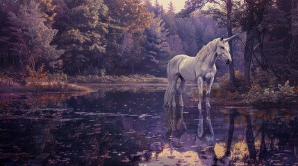 Obraz na płótnie Canvas Noble unicorn by crystal lake, oil paint effect, reflective water, twilight purples, serene grace, tranquil scene. 