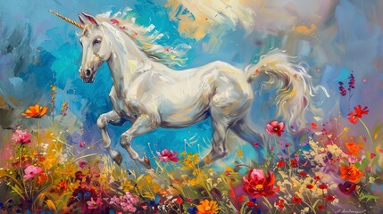 Obraz na płótnie Canvas Playful unicorn foal, classic oil painting look, spring meadow, rainbow hues, joyful prance, bright flowers. 
