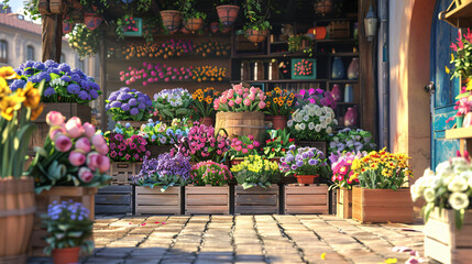 Vibrant Flower Market: Colorful Blooms and Rustic Crates
