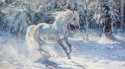 Unicorn in snow, dynamic oil painting style, sparkling white, frosty air, magical presence, serene beauty. 