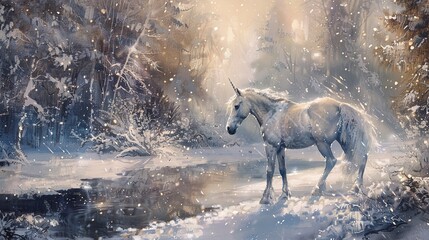 Unicorn in snow, dynamic oil painting style, sparkling white, frosty air, magical presence, serene beauty.