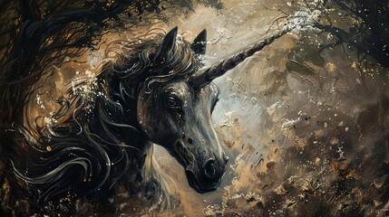 Ancient unicorn, oil painting technique, wise eyes, timeless forest, deep shadows, mystical light.