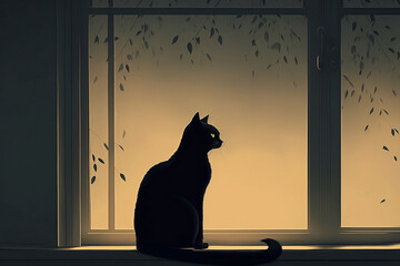 sihouette of black cat sitting in front of window