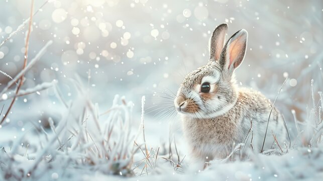Rabbit in winter wonderland, oil paint effect, gentle snowfall, magical ambiance, crisp whites. 