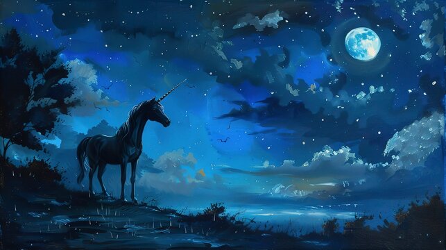 Unicorn under moonlit sky, oil paint style, silver beams, mystical silhouette, tranquil blues, serene night. 