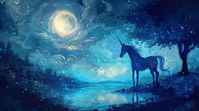 Unicorn under moonlit sky, oil paint style, silver beams, mystical silhouette, tranquil blues, serene night.