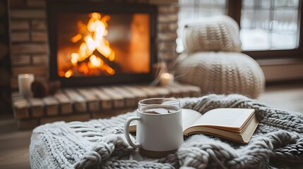 Warm Winter Retreat: Book & Beverage by the Hearth. Concept Cozy Reading Nook, Fireside Chat, Hot Cocoa, Winter Wonderland Retreat - obrazy, fototapety, plakaty