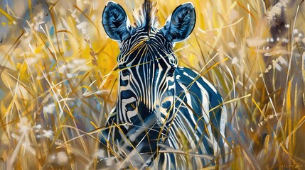 Fototapeta premium Curious zebra peeking, oil painting style, through savannah grass, sun-dappled, intricate stripes, hidden gaze. 