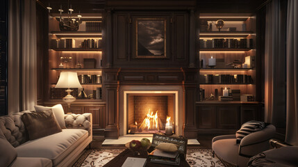 Cozy Fireplace Nook: Built-In Bookshelves and Plush Seating