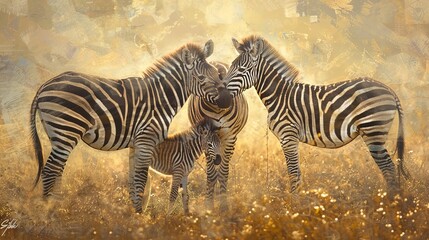 Zebra family, classic oil painting look, tender moment, soft morning light, warm tones, intimate scene.