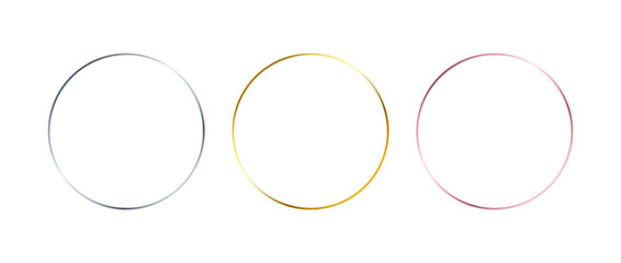 Silver, golden and rose gold thin round frames. Art deco shiny circle borders set. Thin line glowing grey, yellow and pink boarder element collection. Vector bundle for Christmas, birthday decor