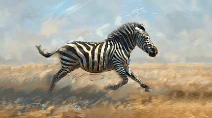 Fototapeta na wymiar Zebra running, dynamic oil painting effect, sense of freedom, motion blur, vivid landscape, spirited. 