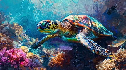 Fototapeta premium Ancient turtle in coral reef, oil painting effect, underwater light, vibrant colors, serene grace. 