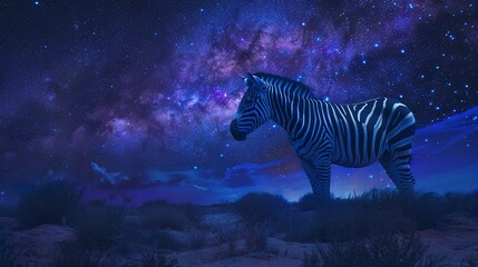 Fototapeta na wymiar Mystical zebra under starry sky, oil paint style, cosmic wonder, magical night, cool tones, serene solitude. 