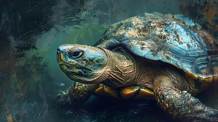 Wise old turtle, classic oil painting look, deep ocean, mystical aura, textured shell, soft blues.