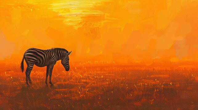 Zebra silhouette at sunrise, oil paint effect, horizon ablaze, slender form, serene start, soft oranges.